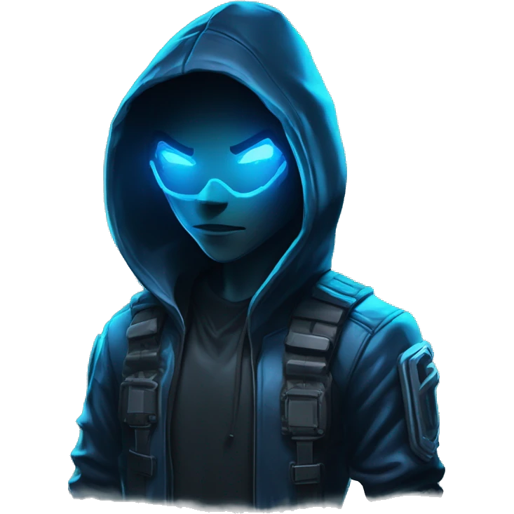 developer behind his laptop with this style : crysis Cyberpunk Riot Games Valorant neon glowing bright blue character blue black hooded assassin themed character emoji
