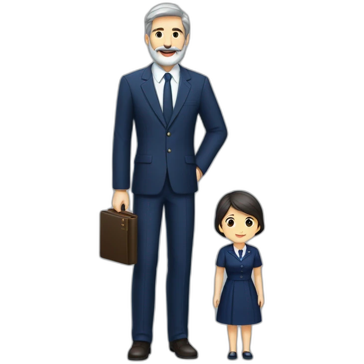 husband classy caucasian 55 dark gray hair trimmed beard wearing navy blue business suit and holding bible, with wife asian age 55 dark hair nurse uniform, no children emoji