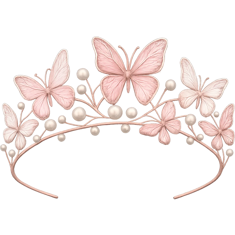 Edit the butterfly crown to feature pink metal, pink and white butterflies, and pearl accents for a soft, enchanting look. Keep the background transparent. emoji