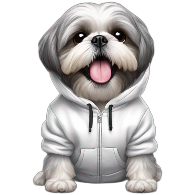 grey shih tzu tongue out with white dinosaur hoodie emoji