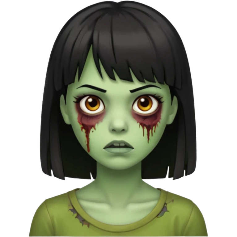 Uma zumbi com os cabelos pretos, mediano, liso e com franja, olhos castanhos emoji