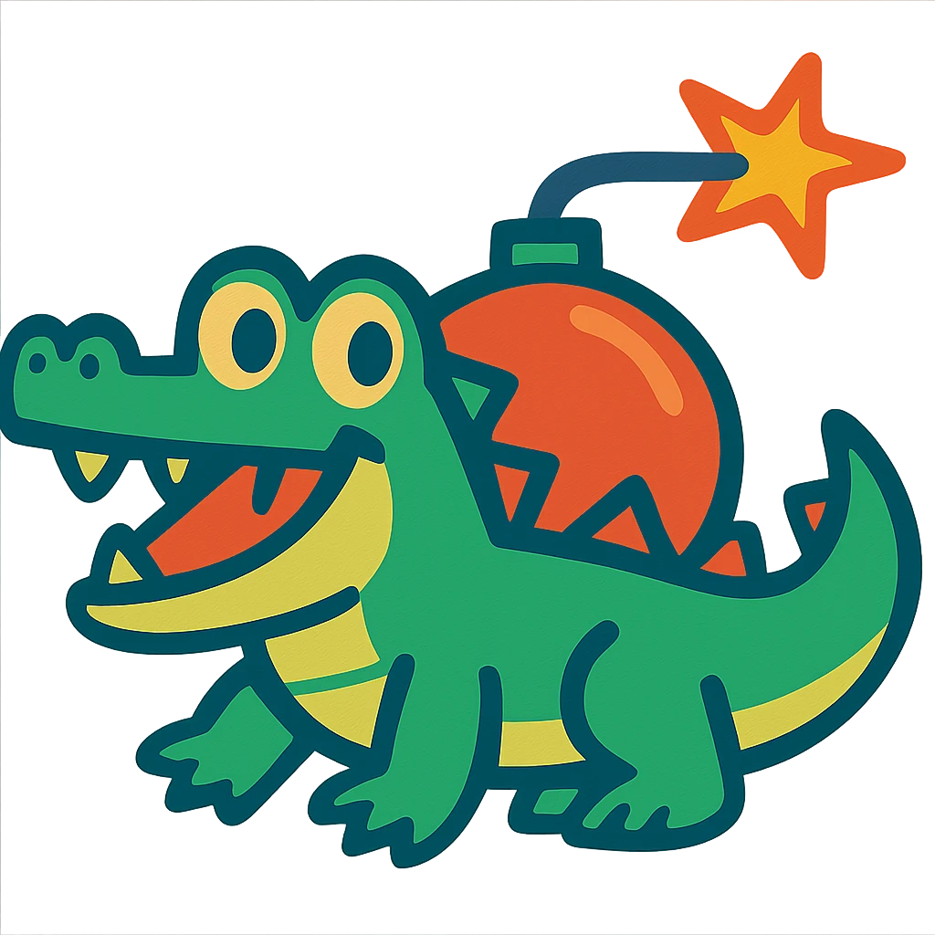 A cartoon crocodile with a bomb on its back, vibrant colors, playful expression emoji