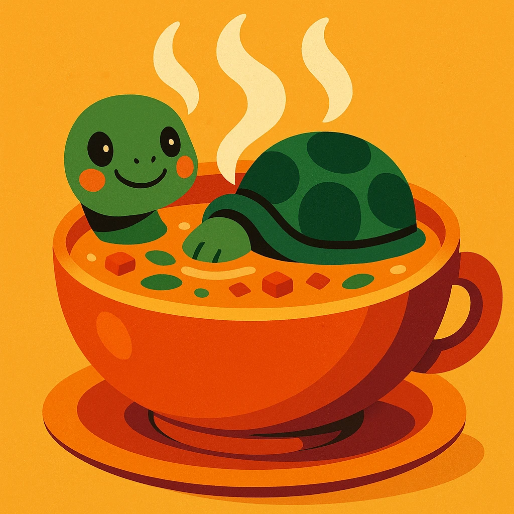 a steaming bowl of soup with a turtle peeking out, whimsical, warm tones emoji