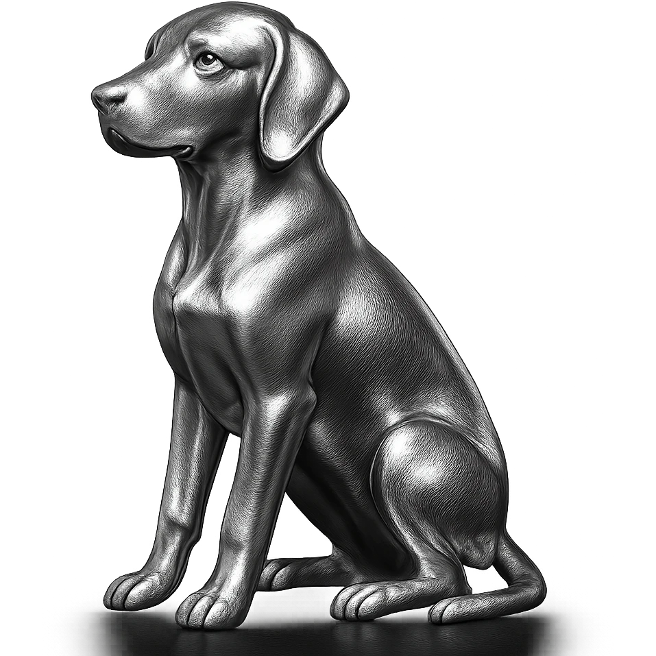               Apply a high-end, photorealistic metallic chrome material to the provided {subject}. The material should have a smooth, slightly curved surface with subtle reflections and soft shadows, resembling brushed or polished silver metal. Preserve the exact shape, proportions, and design of the original object. Set it against a solid black background (#000000) in 8K resolution. The lighting should enhance the beveled edges and reflective highlights, creating a sleek, premium finish. {subject} = dog emoji