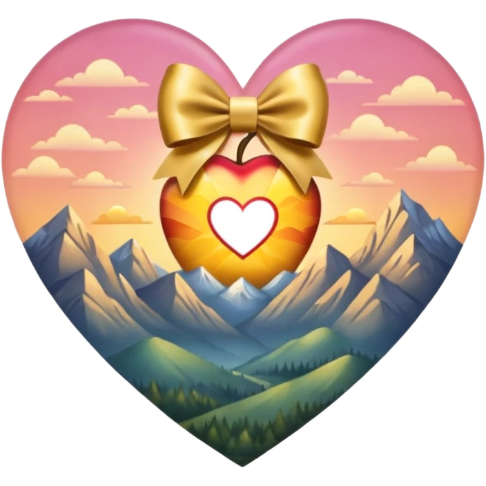 heart with a sunrise over mountains, gold bow with heart pattern on the bow, apple emoji style emoji