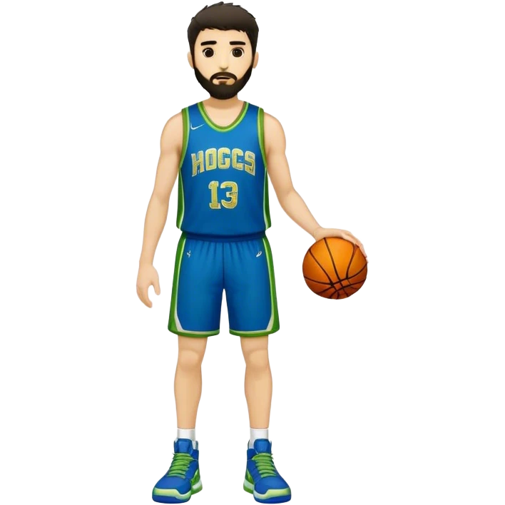 Full Body  white male basketball player with short shaggy dark hair and gold tee beard wearing blue and green uniform emoji