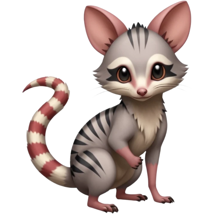 Minccino-Opossum-Numbat-Lykoi-Sphynx-Zangoose-fusion-hybrid-animal-Fakémon-creature, full body, thin long sleek scaly tail, intricate markings emoji