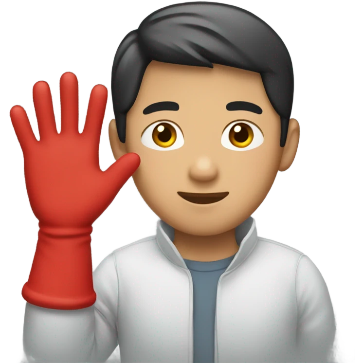 Asian boy wearing red gloves on hands emoji