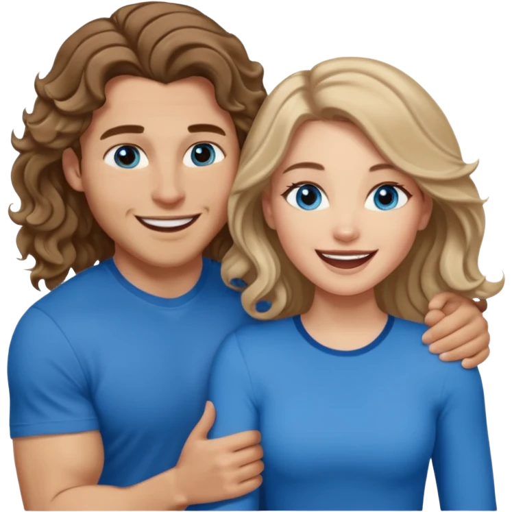 Women with blue eyes and very long, brown blond balayage curled hair in the arms of a man with strong arms a straight face, a very sexy man blue eyes. They are laughing at each other. He has short brown hair and is light skinned  emoji