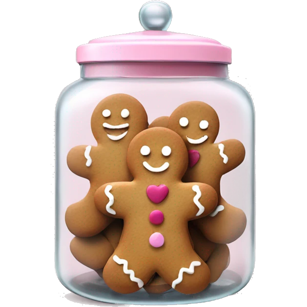 realistic glass cookie jar with pale pink lid with isolated gingerbread mans with heart cookies full emoji