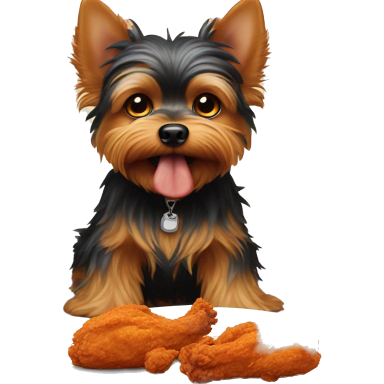 Evil Yorkie with fiery eyeballs eating a giant piece of fried chicken emoji