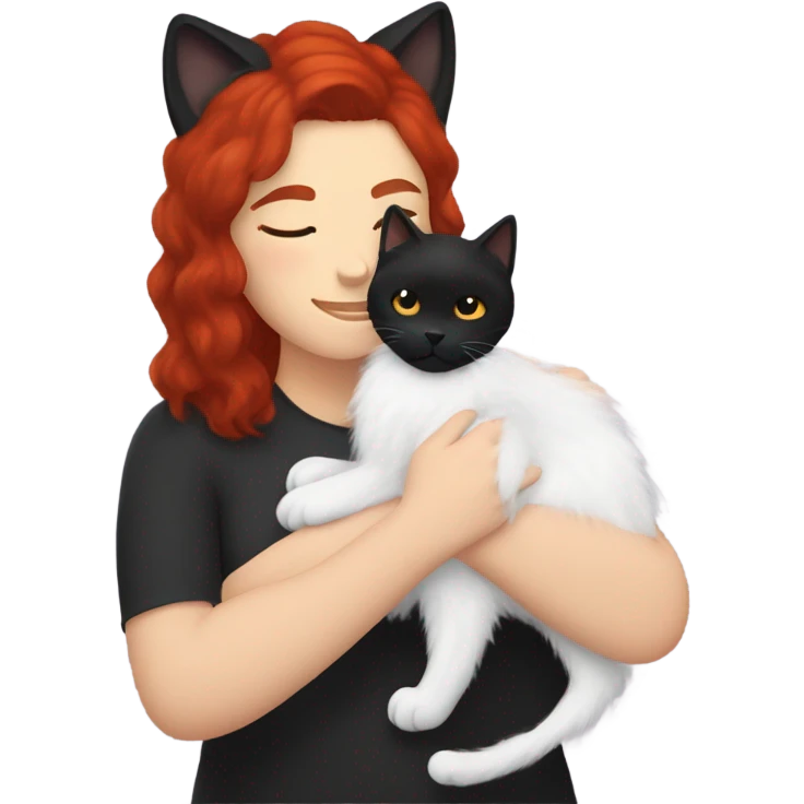 black fluffy cat and white woman with red hair cuddling emoji