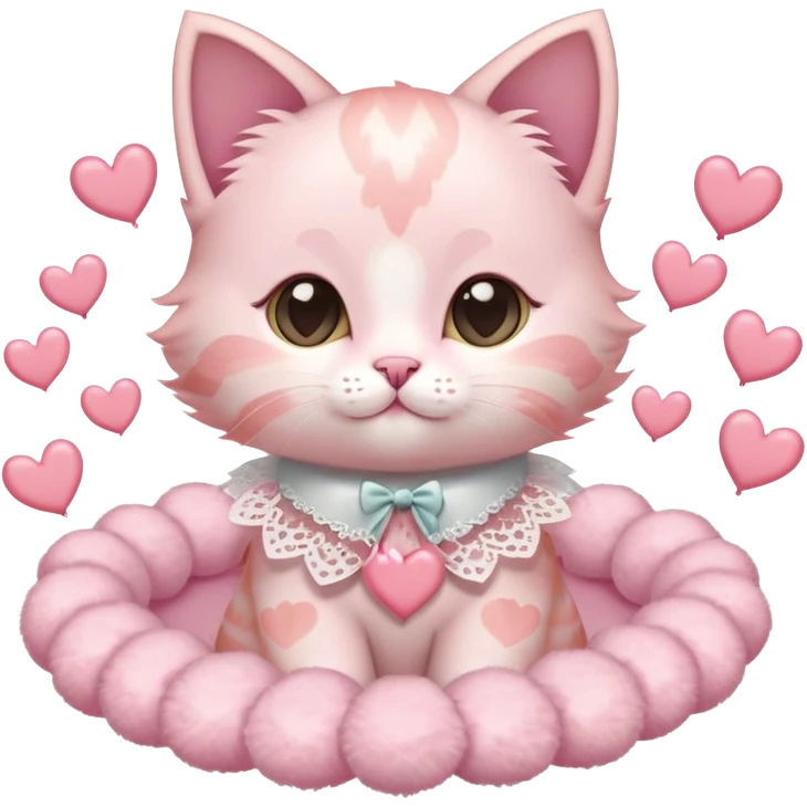 A pastel pink kitten with heart-shaped markings, a lace ribbon collar, surrounded by floating hearts. emoji