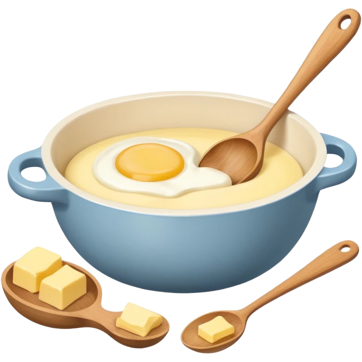 A cream ceramic baking bowl with a wooden spoon in it, next to it is a carton of eggs and butter emoji