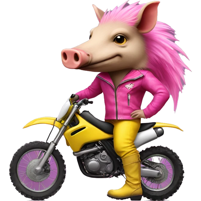 Razorback wearing yellow clothes with pink boots on a black dirt bike emoji