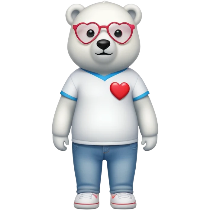 friendly anthropomorphised polar bear standing upright, looking chilled and unbothered, wearing a shirt, jeans, trainers, heart-shaped colorful glasses emoji