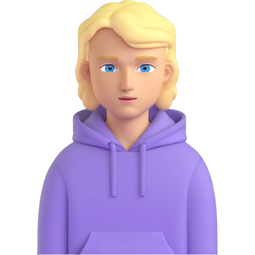 blonde man with blue eyes wearing a lilac hoodie emoji