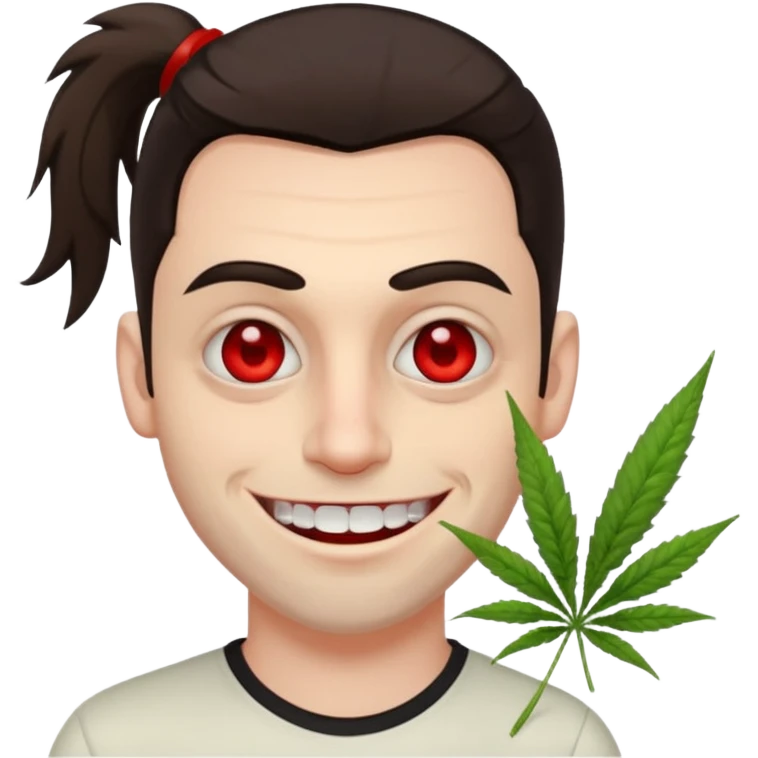 A white man with dark brown hair in a ponytail, oversized bloodshot eyes, grinning, weed smoker  emoji