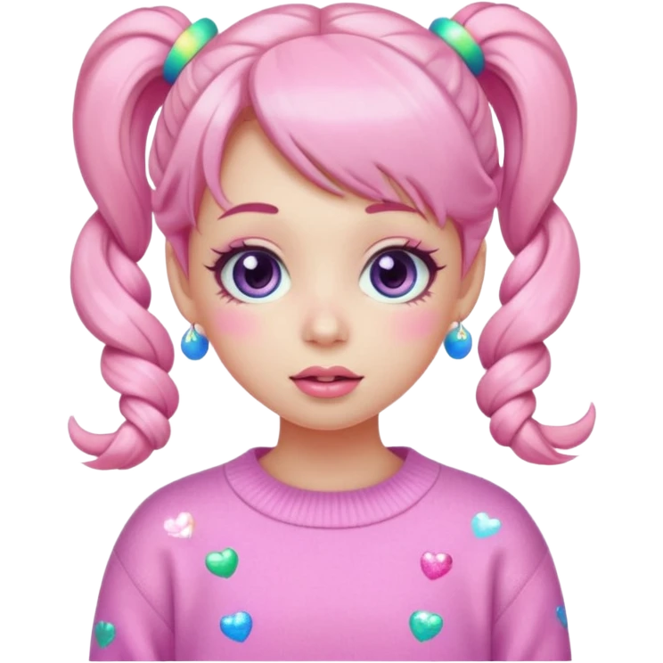 “Emoji girl, pastel pink blush, sparkly wide eyes, glossy bubblegum lips, hair in cute pigtails with colorful clips, wearing oversized pastel sweater.” emoji