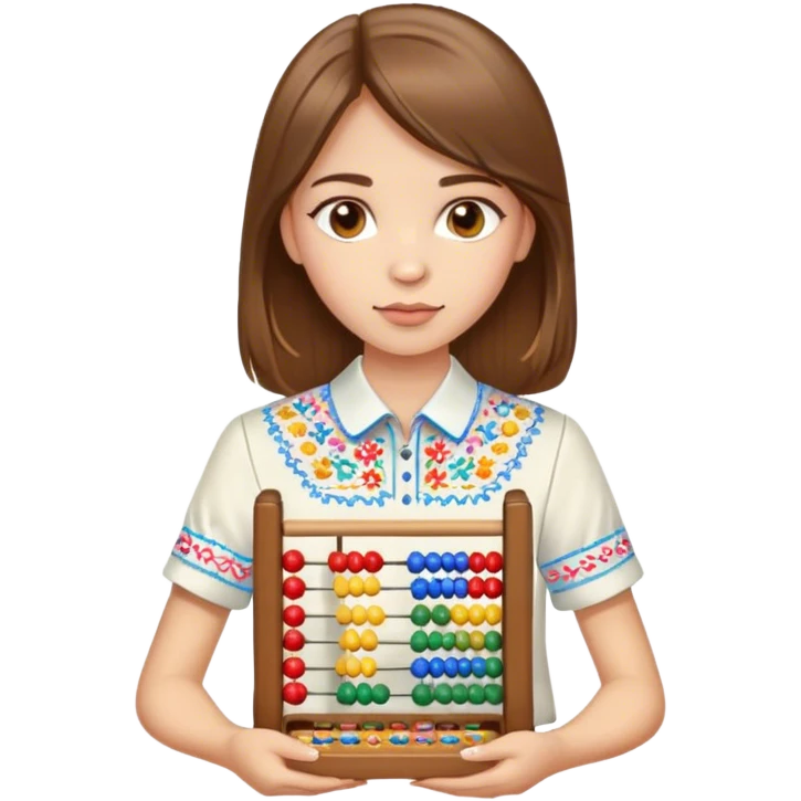 A Ukrainian girl with brown hair in an embroidered shirt holds an Abacus emoji