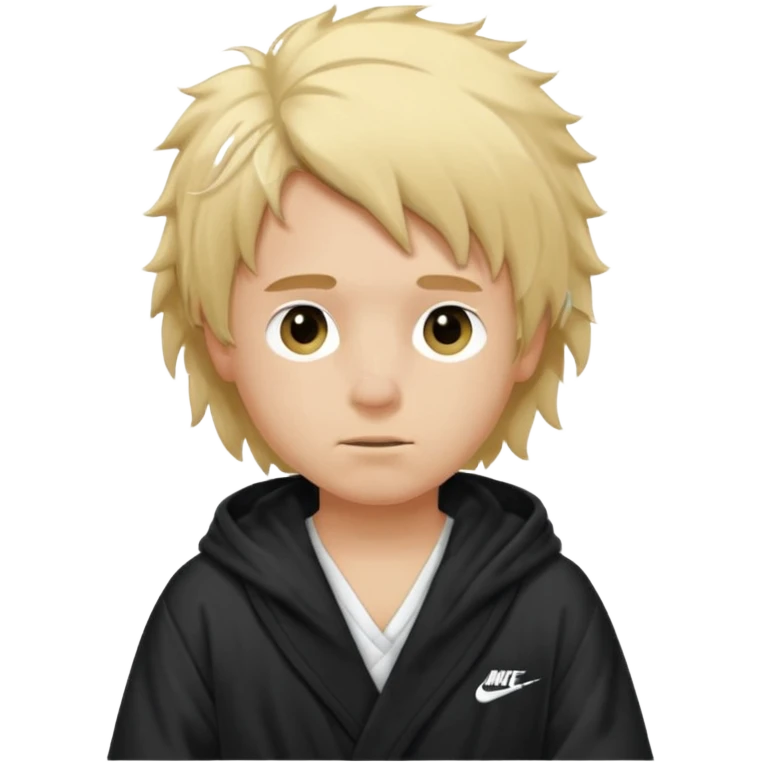 Create a blond boy with long, messy hair, light eyes, a white t-shirt, rich, with long hair, blue eyes, medium-length, voluminous hair, wearing a black Nike bathrobe and a little blush near his nose. and with a  balaclava, but showing her hair. emoji