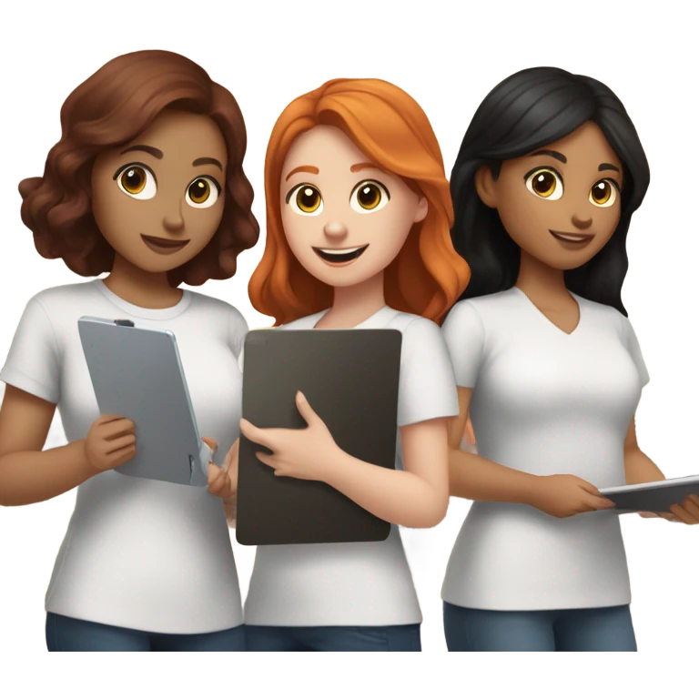 Girl with black hair, brunette girl, and redhead girl conducting surveys on clipboards and ipads emoji