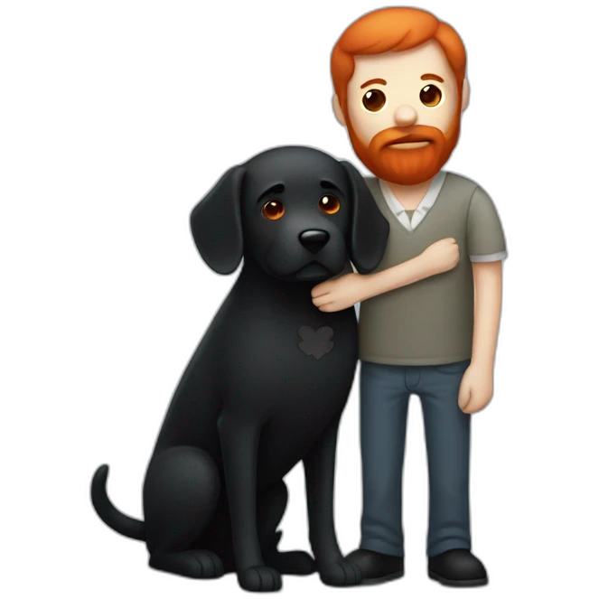 a serious slender man with a red beard hug a black Labrador emoji