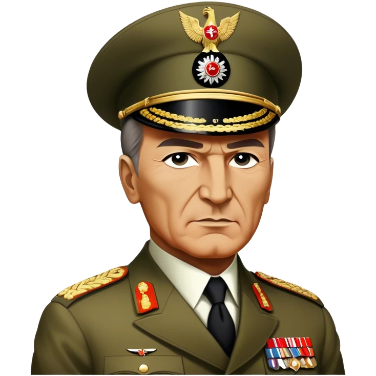 Cinematic Realistic Mustafa Kemal Atatürk Portrait Emoji, depicted as a visionary statesman with a determined gaze and period military attire, rendered with rich textures and dynamic historical lighting that captures his transformative leadership. emoji
