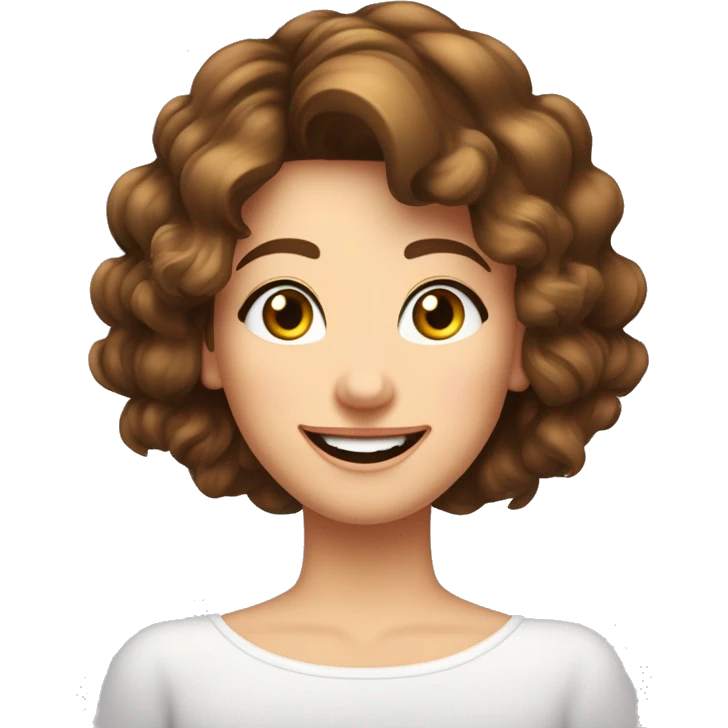 Une charmante dame avec des cheveux bruns legerement boucles jusqu'au epaules, des yeux verts, un regard timide, un beau sourire emoji