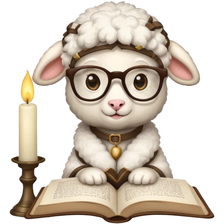 Little lamb with glasses reading books by candlelight  emoji