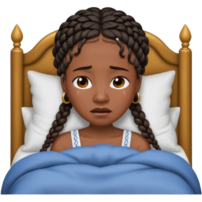 Black woman with braids in a big king size bed on one side by herself crying emoji