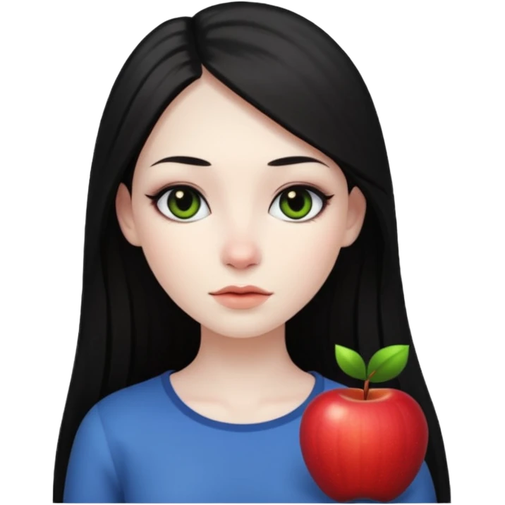 девушка с очень бледной кожей, темными длинными прямыми волосами без челки и черными макияжем глаз в стиле Apple avatar  emoji