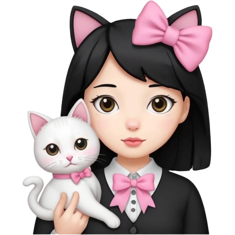A gurl black hair with one pink bow holding one white cat emoji