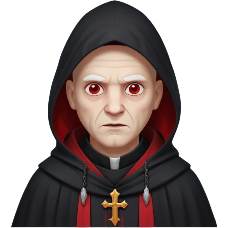 cursed village priest portrait, head and shoulders only, dark hooded robe, mysterious expression, subtle red accents, eerie glow, gothic village atmosphere, 3D cartoon, mobile game icon style, clean background, no text, no watermark

 emoji