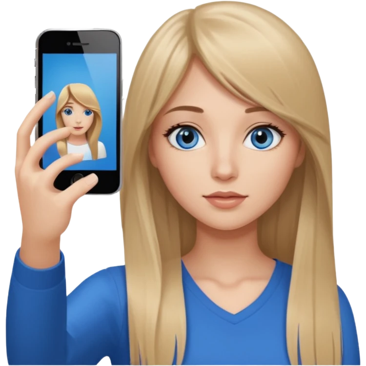 young woman with long straight dark blond hair, side bangs, and blue eyes. She is taking a selfie with an iphone  emoji