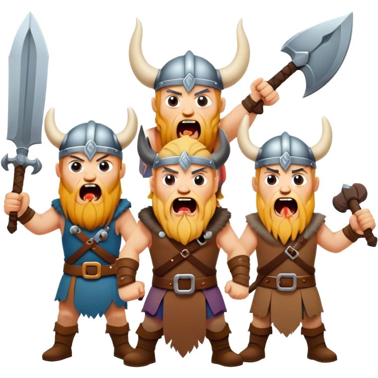 three different Vikings scream, weapons in their hands, realistic emoji