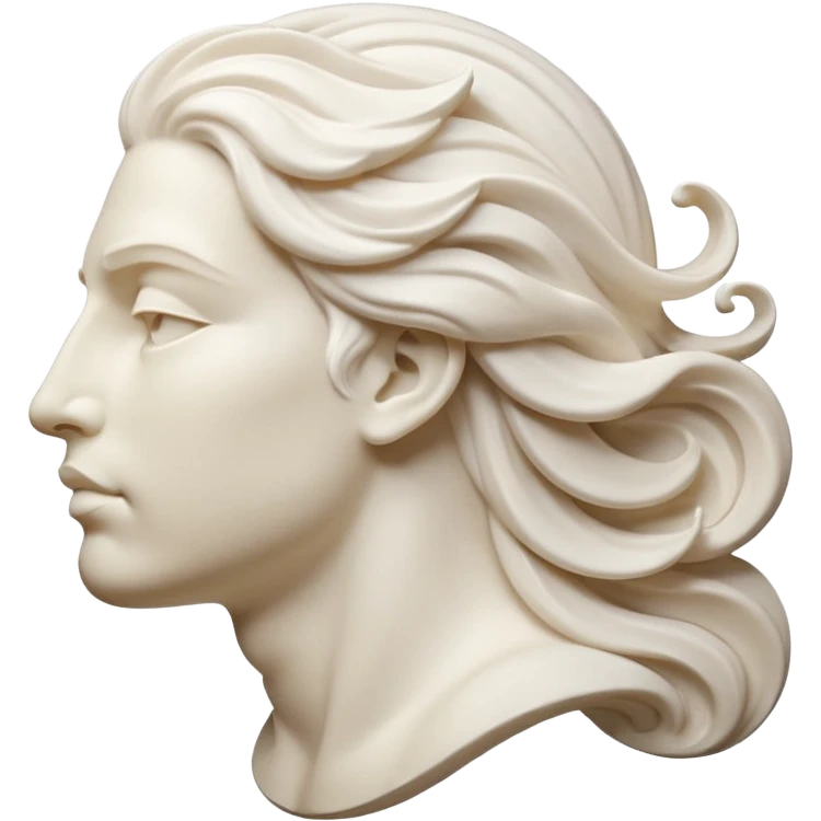 Create a stylized illustration of a classical face carved in white marble, shown in profile, gently blowing wind. The wind is depicted as decorative swirling lines emerging from the mouth.  emoji