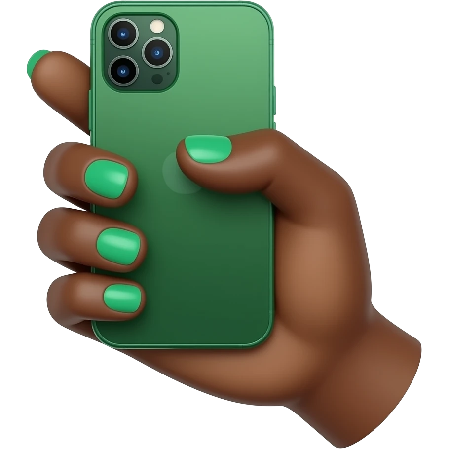 A brown skinned female hand with long thin fingers and emerald green nails holds an emerald green smartphone emoji