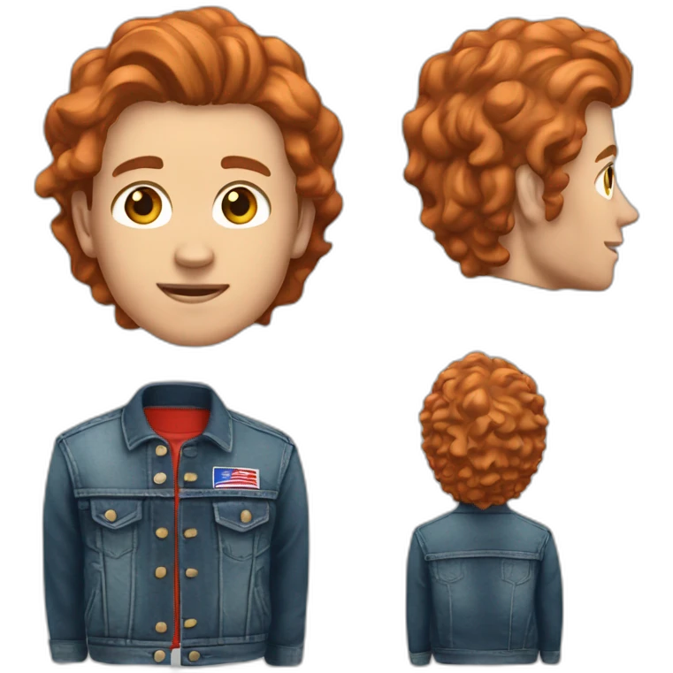 a young white man in a jean jacket and bills jersey with short wavy red hair emoji