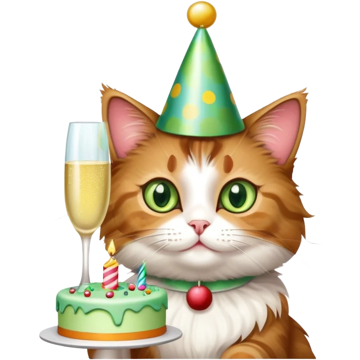 tricolor fluffy cat with big green eyes celebrating her birthday with a cake and champagne emoji
