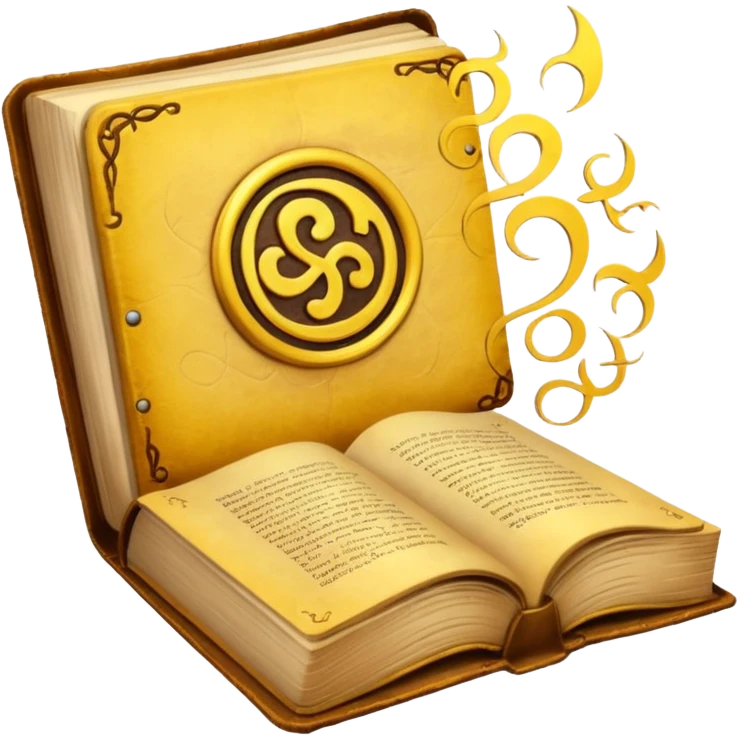mystic yellow book, open with swirling energy, mysterious symbols emoji