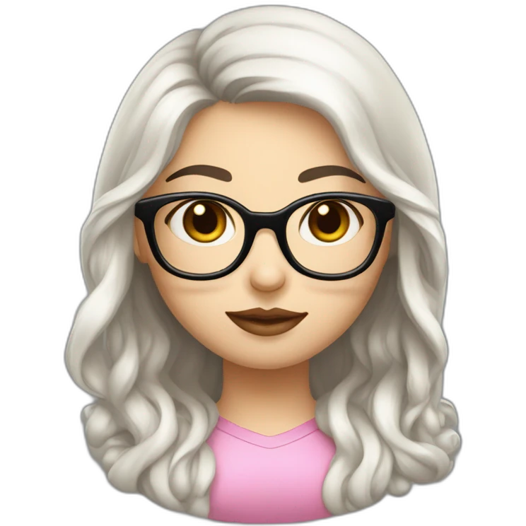girl programmer with black long wavy hair and white skin and pink lipsand big eyes and Iranian face with rounded glasses emoji