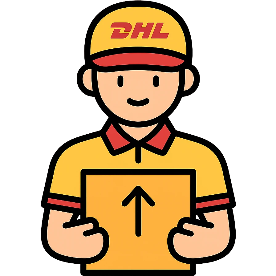 DHL delivery driver in yellow and red uniform holding a package, simple background, icon style emoji
