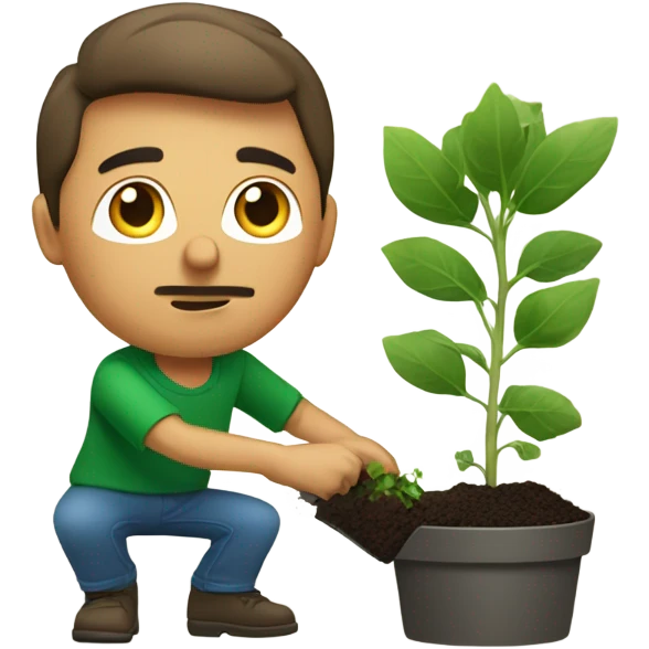 male portrait in green shirt repotting plants emoji