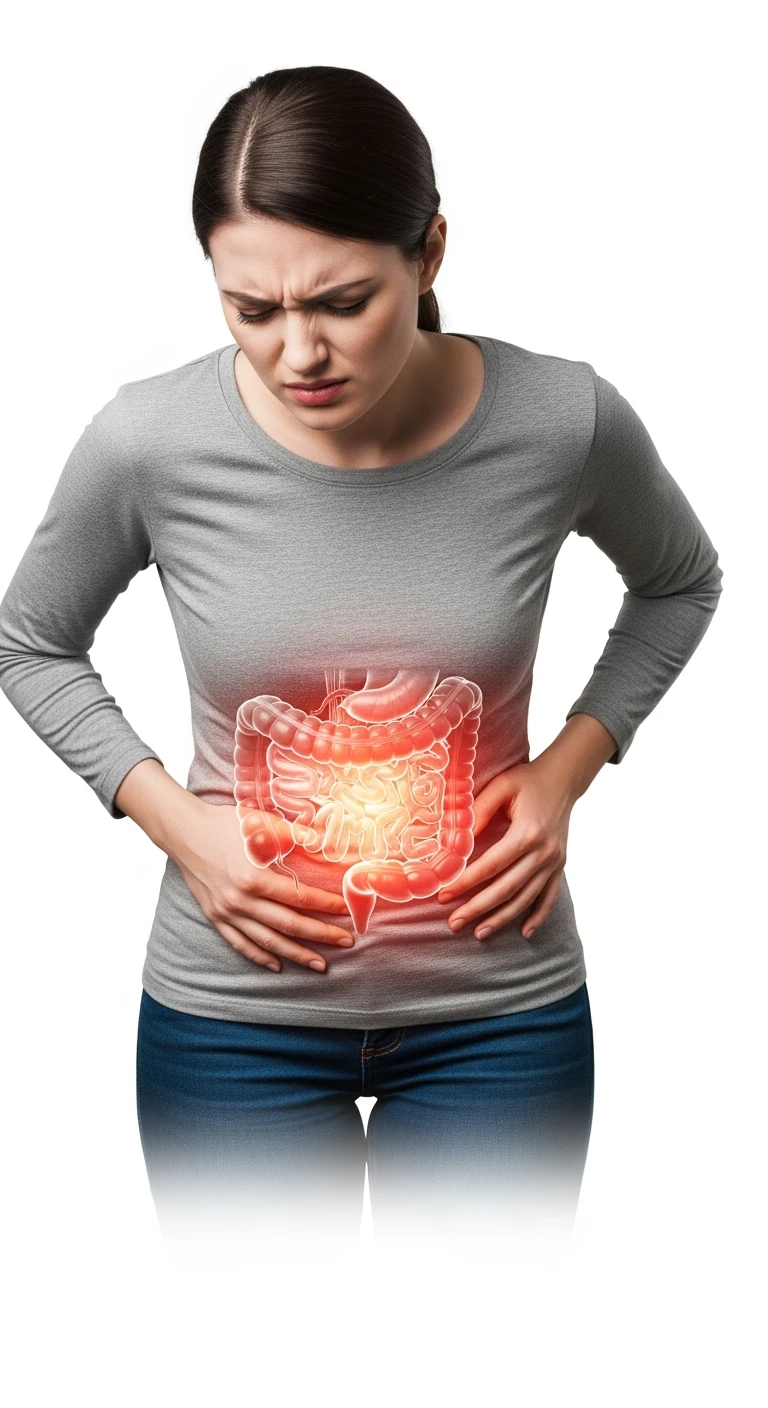 DONNA CON PANCIA DOLORANTE E INTESTINO UMANO ANATOMICO VISIBILE, ISOLATO SU SFONDO BIANCO emoji