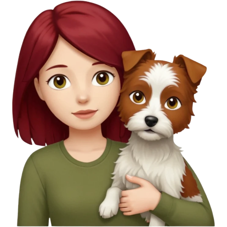 white terrier dog being held by woman with dark red long hair and hazel eye wearing olive green top emoji