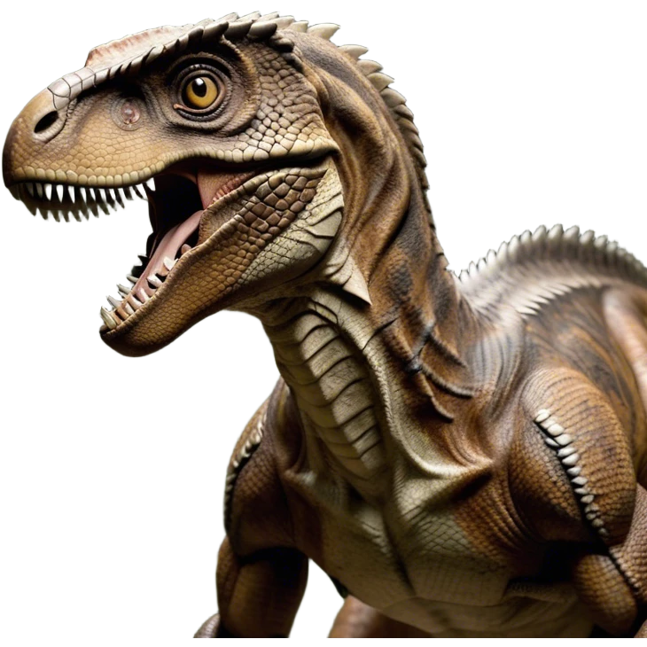 Cinematic Realistic Noble velociraptor/T-rex Portrait Emoji, Poised and imposing, with a massive, muscular build and a rugged, intricately scaled hide in ancient earthy tones, a sharply defined, fearsome head with piercing, primal eyes rendered in lifelike detail, high shine, intelligent and formidable, styled with an air of prehistoric authority, focused and attentive, soft glowing outline, capturing the essence of a watchful and confident velociraptor/T-rex that appears ready to roar out of the screen with timeless power! emoji