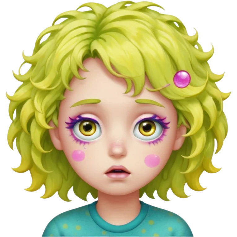 messy, wavy chartreuse hair, with pink specks, bushy eyelashes, and big round eyes, with irises that are teal on the outside and yellow on the inside while making a pouty face saying pay attention to me in bubble words emoji