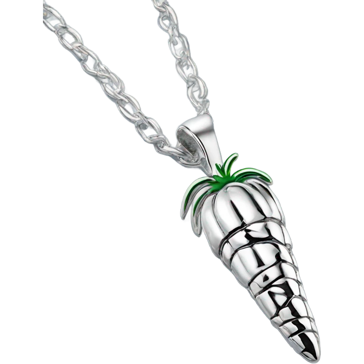 Realistic shiny metallic silver chain necklace with a metallic silver carrot pendant on the chain. emoji
