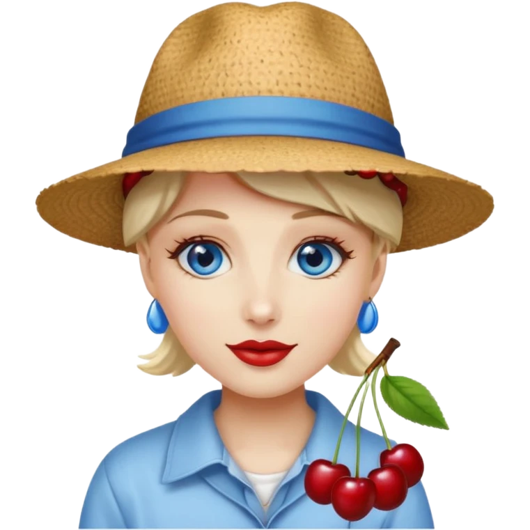 Wearing hat with cherries, Blue eyes and gelasses emoji